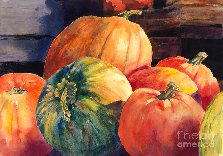 Pumpkins and Green Pumpkin Painting by Hilda Vandergriff