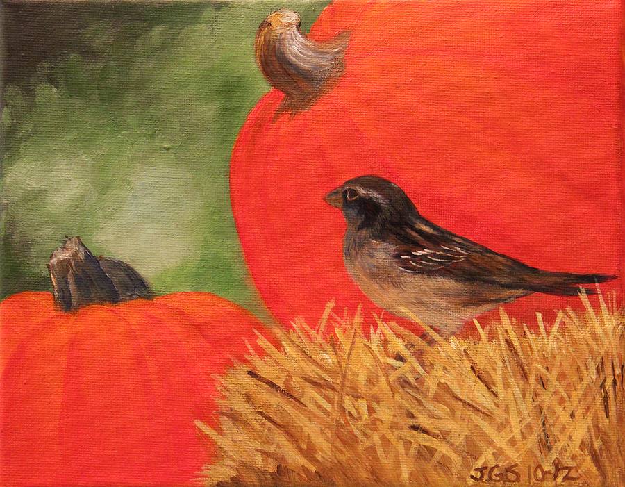 Pumpkins and Sparrow Painting by Janet Greer Sammons