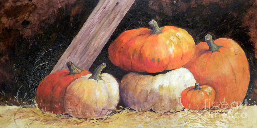 Pumpkins in Barn Painting by Hilda Vandergriff
