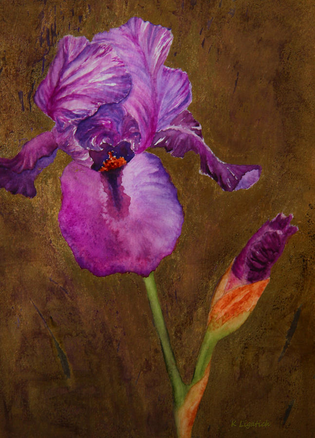 Iris Painting - Purple Bearded Iris with a Gold Leaf Textured Background by Kerri Ligatich