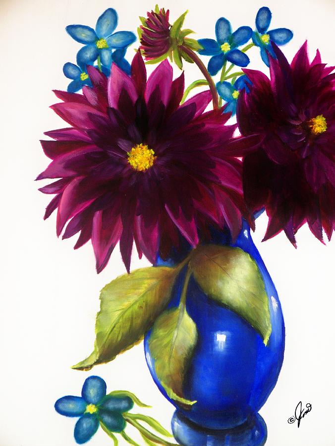Purple Dahlia with Blue Flowers Painting by Joni McPherson