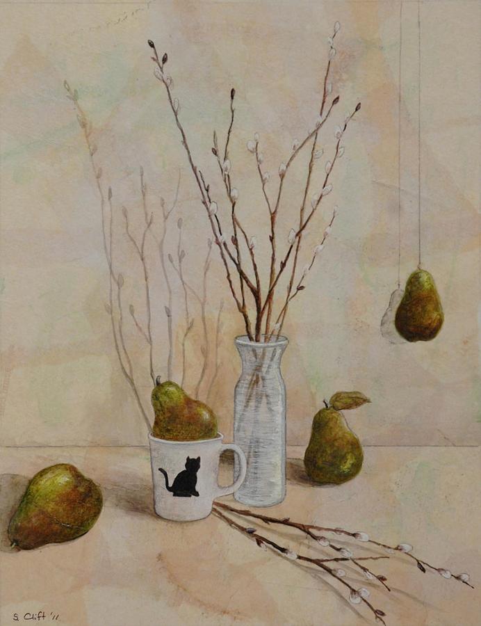 Pussywillows and Pears Painting by Sandy Clift