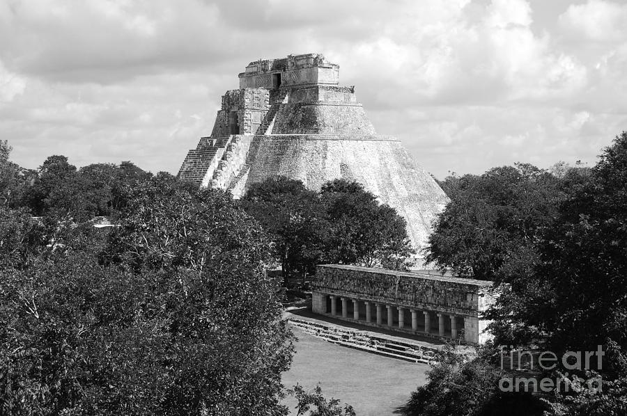 Pyramid of the Magician and Columns Group Structure at Uxmal Mexico Black and White Photograph by Shawn OBrien
