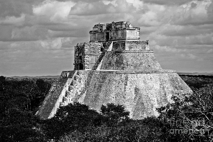Pyramid of the Magician at Uxmal Mexico High Contrast Black and White Photograph by Shawn OBrien