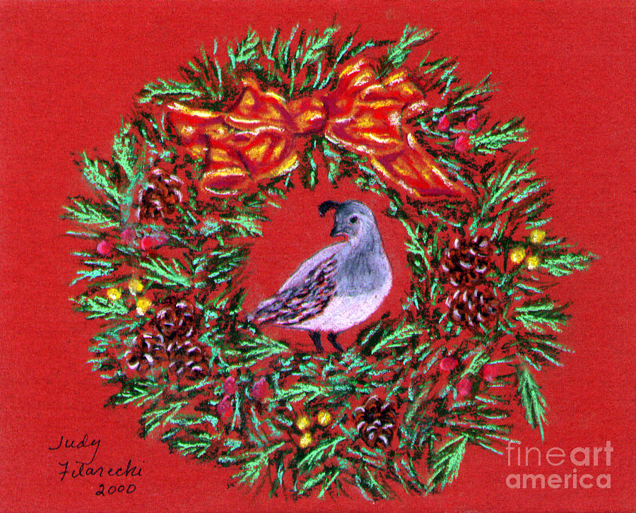Christmas Painting - Quail Holiday Greeting Card by Judy Filarecki