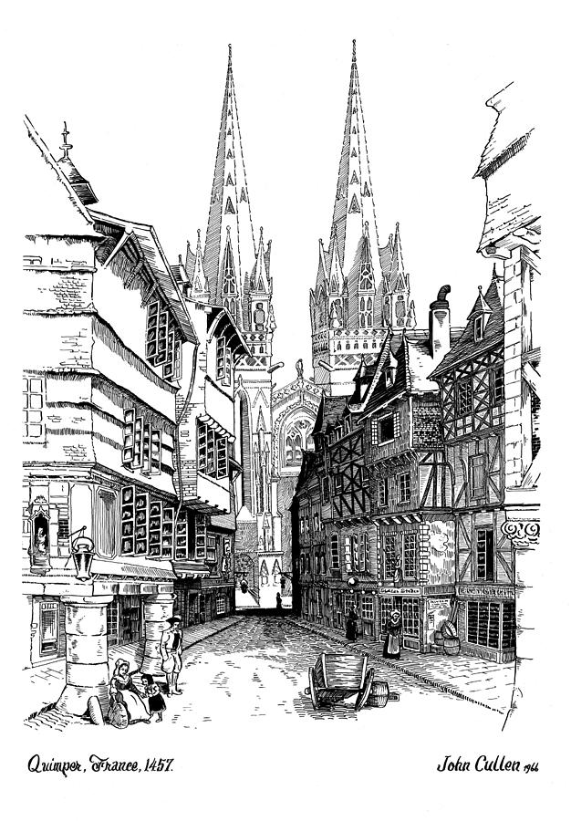 Cathedral Drawing - Quimper Cathedral France 1457ad by John Cullen