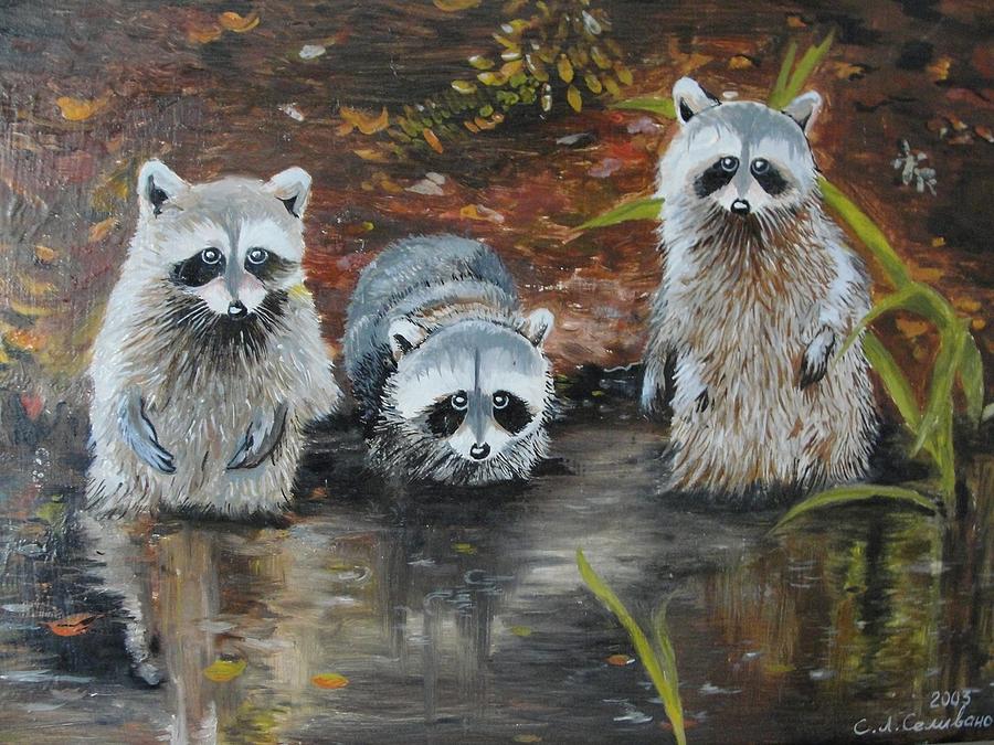 Nature Painting - Raccoons by Sergey Selivanov