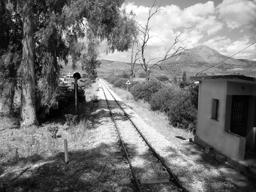 Railroad Crossing in Black and White on the Way from Mycenae to Olympia in Greece Photograph by John Shiron