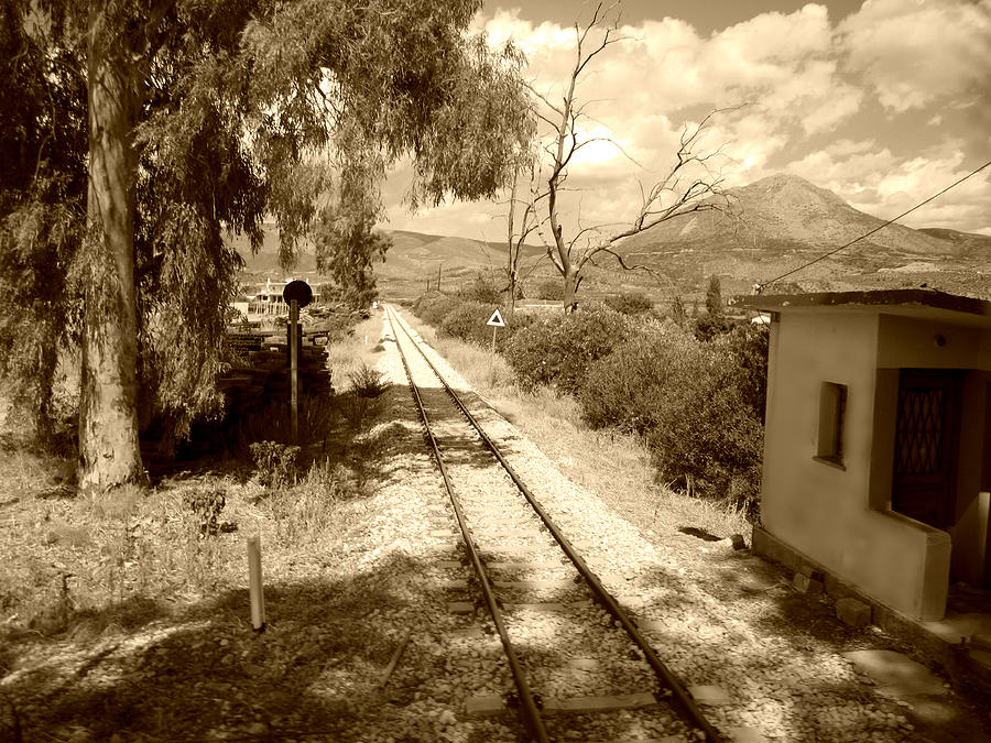 Railroad Crossing in Sepia Look on the Way from Mycenae to Olympia in Greece Photograph by John Shiron