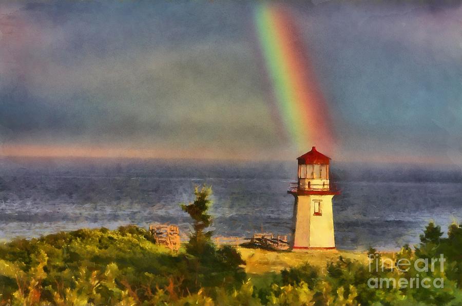 Liverpool Digital Art - Rainbow Over the Lighthouse in Perce Quebec by Mary Warner