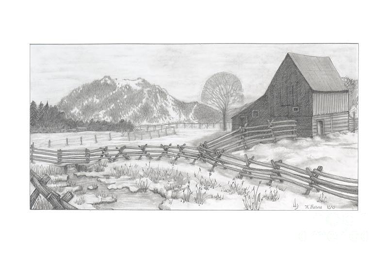 Ranch in Winter Drawing by Kathy Burns