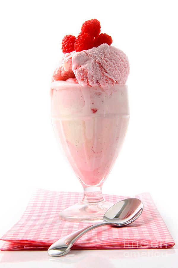 Raspberry sundae with napkin on white  Photograph by Sandra Cunningham