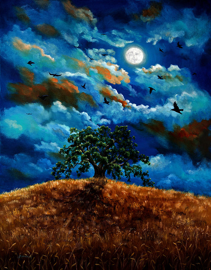 Ravens in a Moonlit Landscape Painting by Laura Iverson