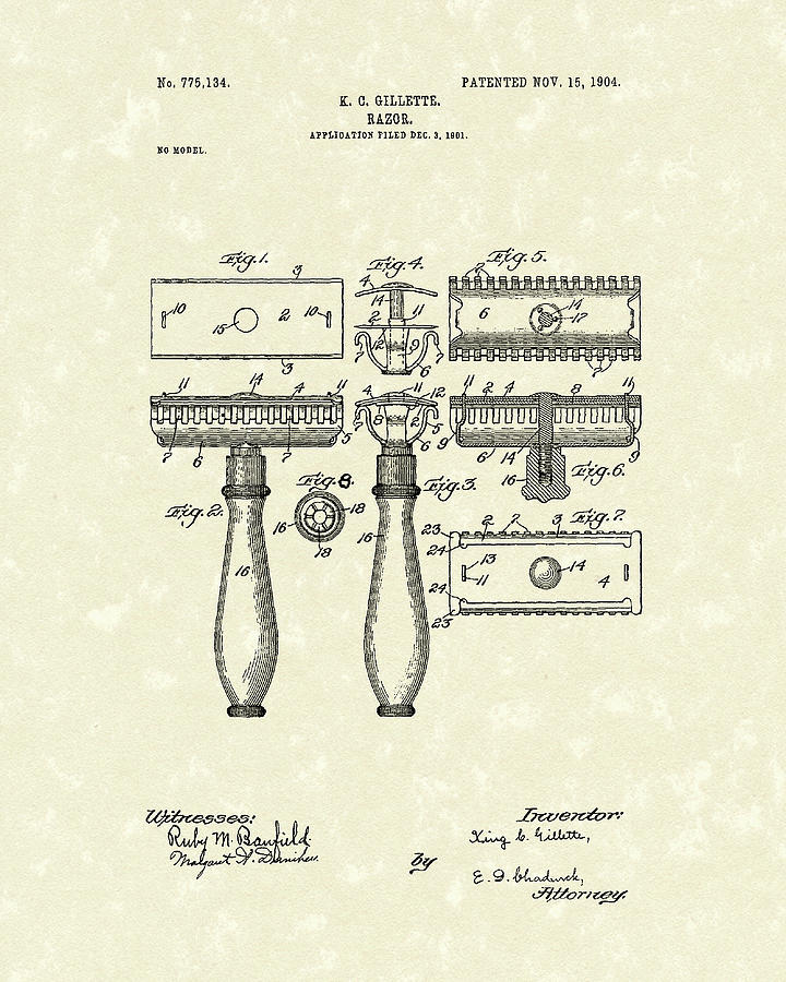 Razor 1904 Patent Art Drawing by Prior Art Design