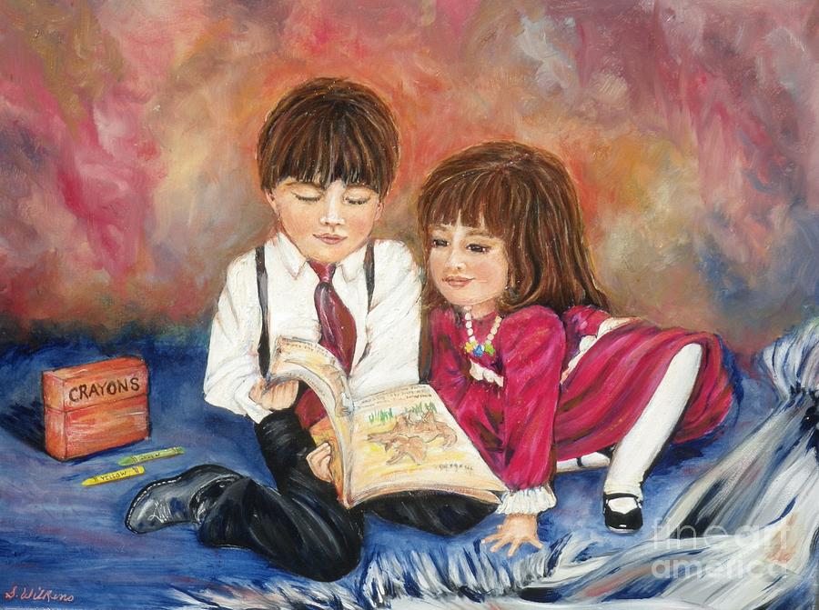 Little Boy And Girl Painting - Reading Blanket 1 by Sharon Wilkens