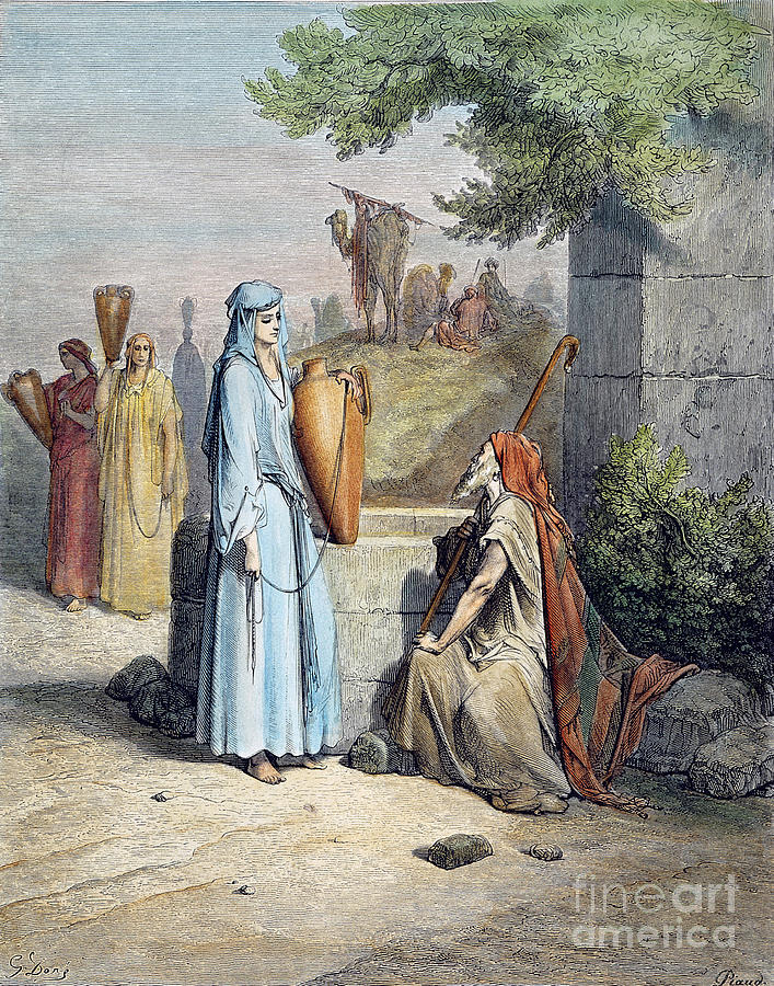 Rebekah And Eliezer Drawing by Gustave Dore