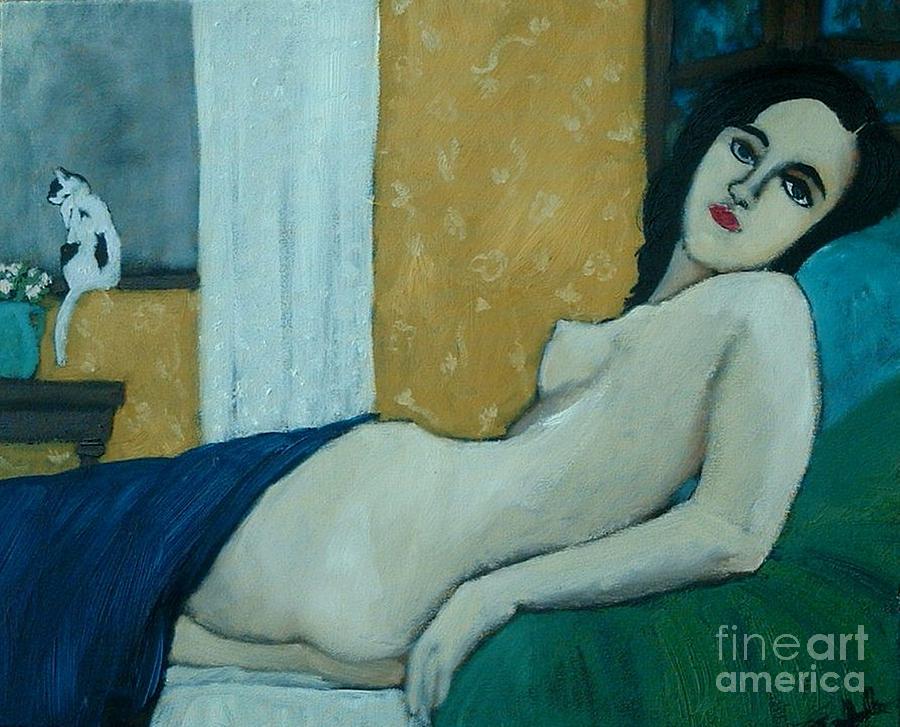 Nude Painting - Reclining Nude with Cat by Terri Jordan