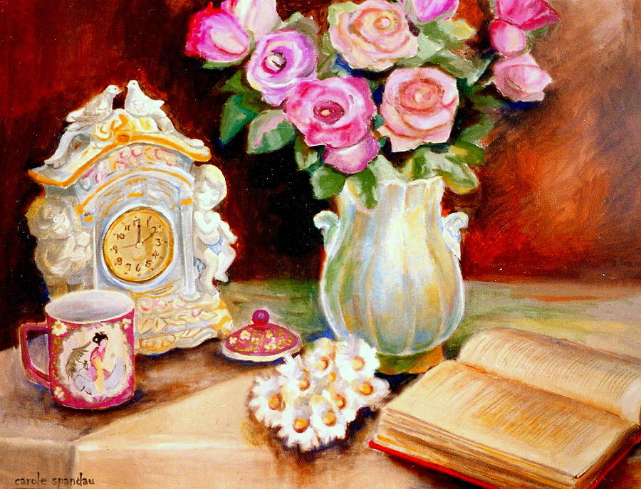 Red And Pink Roses And Daisies - The Doves Of Peace-angels And The Bible Painting by Carole Spandau