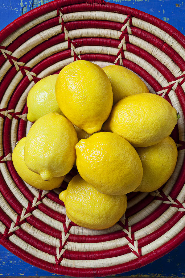 Lemon Photograph - Red and white basket full of lemons by Garry Gay