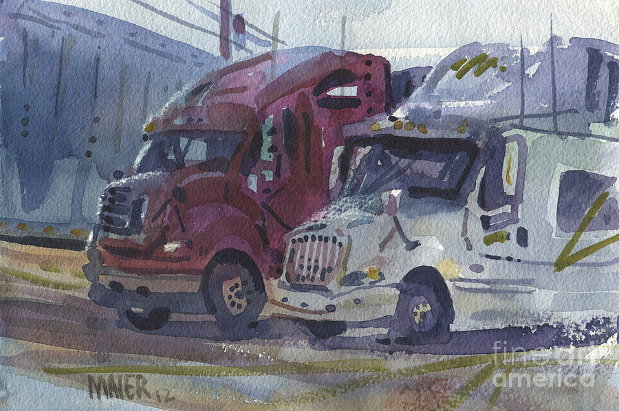 Red and White Trucks Painting by Donald Maier
