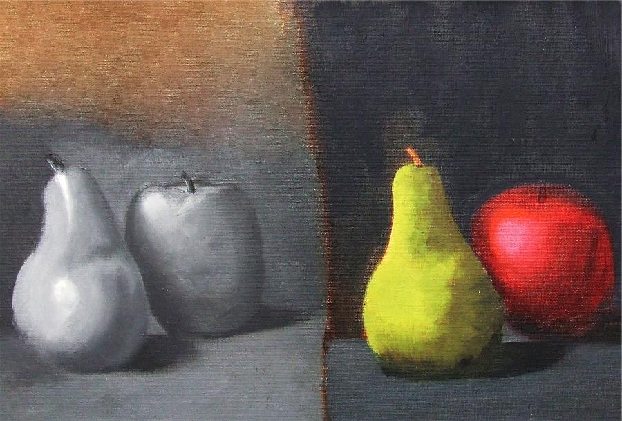 Red Apple Pears and Pepper in Color and Monochrome Black White Oil Food Kitchen Restaurant Chef Art Painting by M Zimmerman MendyZ