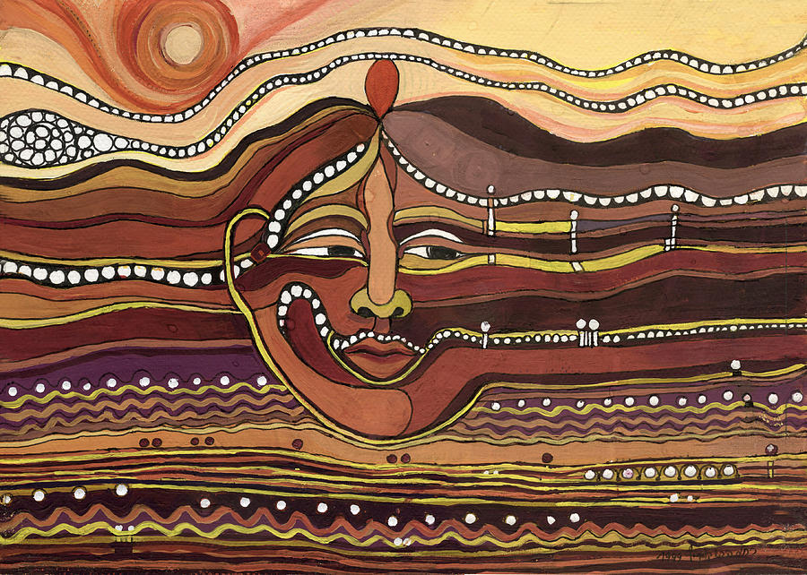 Red Aztec face in nature landscape abstract fantasy with earth colors sunset and skyline Painting by Rachel Hershkovitz