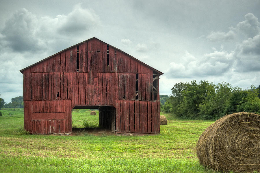 Barn Photograph - Red Barn and Hay bales 2 by Douglas Barnett