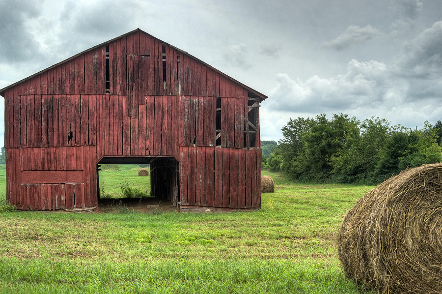 Barn Photograph - Red Barn and Hay Bales 4 by Douglas Barnett