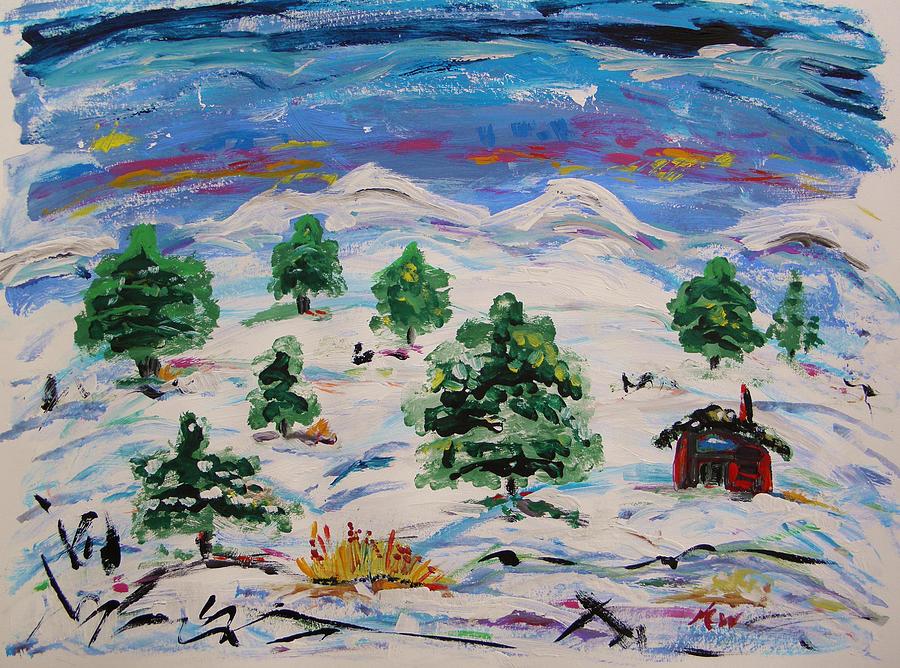 Red Barn and Pines in Deep Snow Painting by Mary Carol Williams