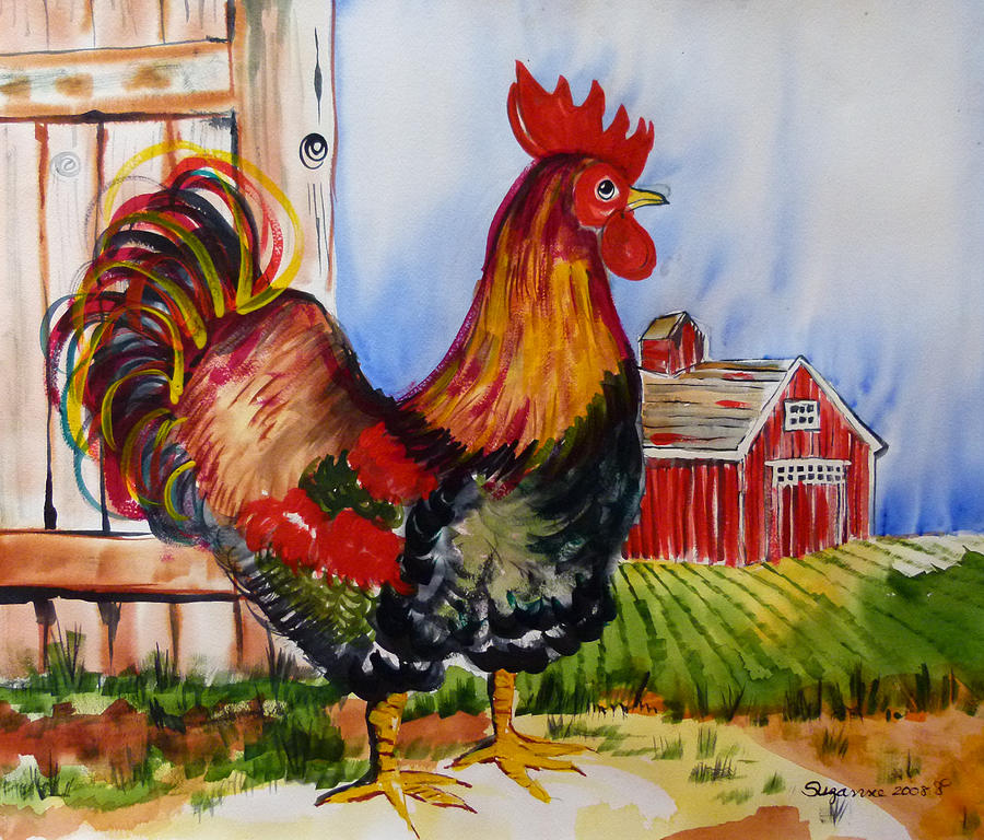 Red Barn Chicken Painting by Suzanne Willis