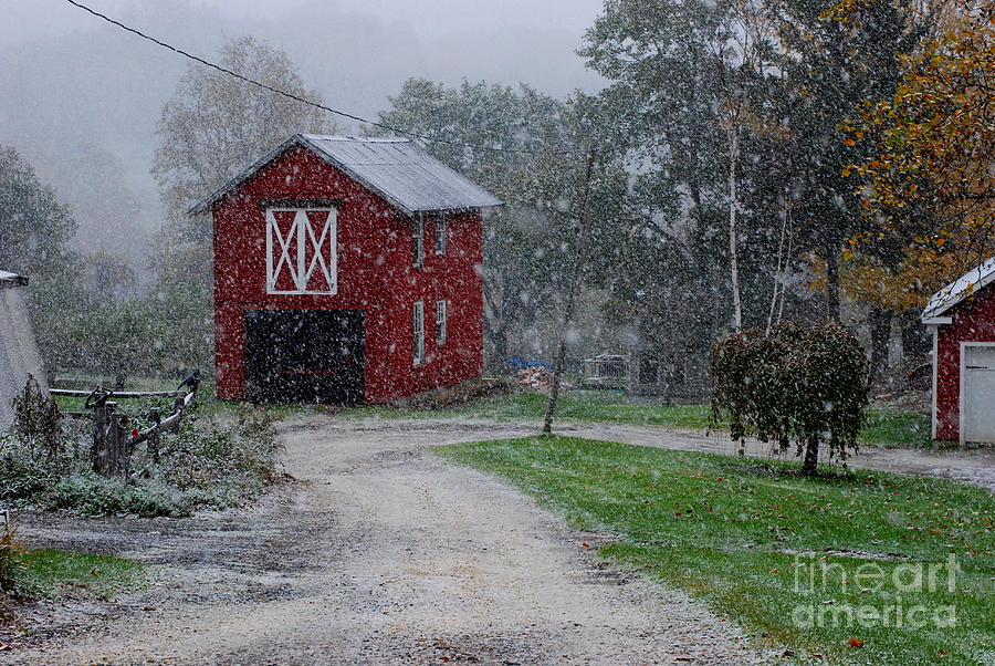 Red Barn in Autumn Snow Photograph by Andrea Simon