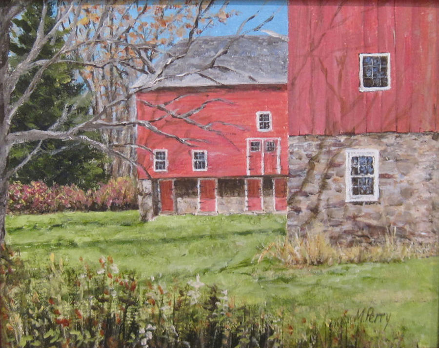 Red Barn with Shadows Painting by Margie Perry