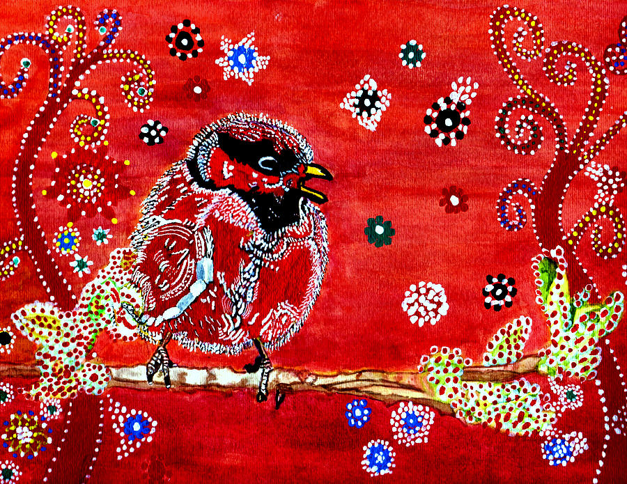 Red Bird On a Branch Painting by Connie Valasco
