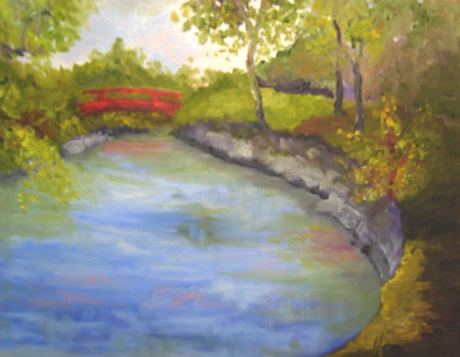 River Painting - Red Bridge by Marcia Hero River Painting - Red Bridge by Marcia Hero