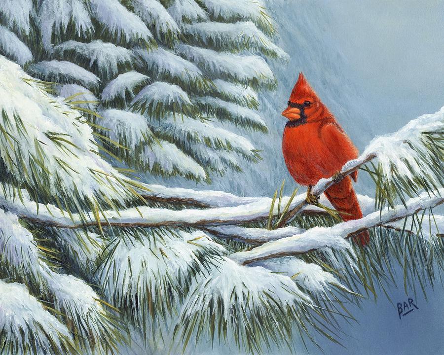Bird Painting - Red Cardinal in Winter by Barbara Robertson
