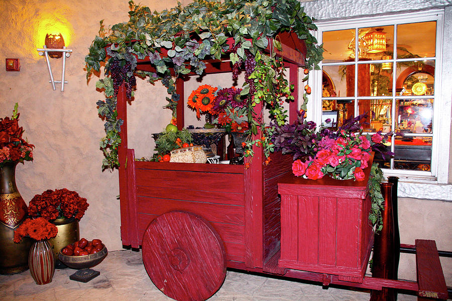 Red Cart Of Flowers Photograph by Terry Wallace