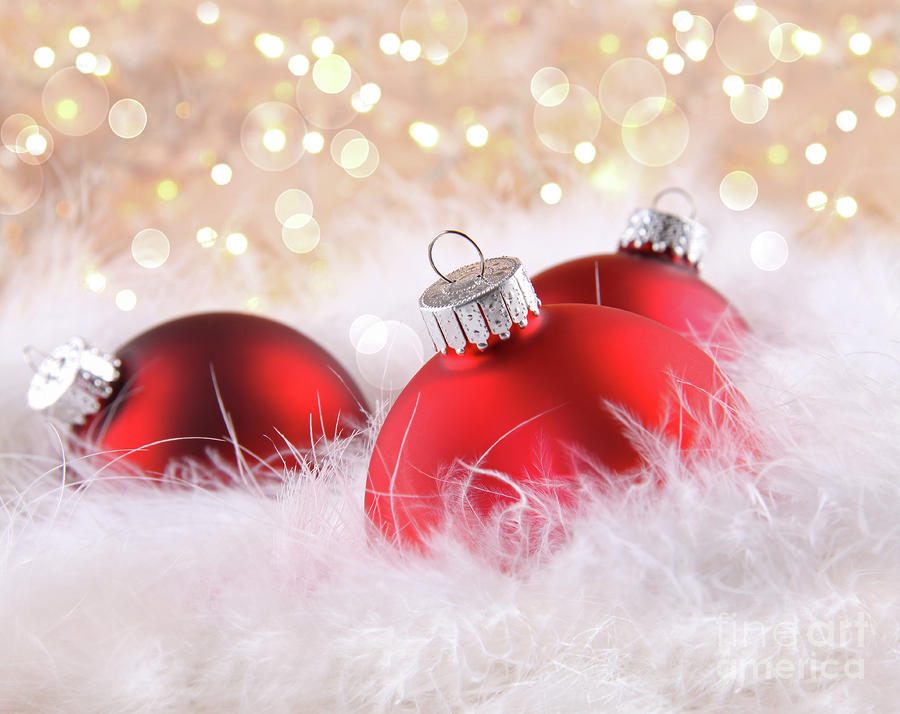 Christmas Photograph - Red christmas balls with abstract background by Sandra Cunningham