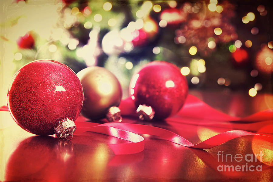 Christmas Photograph - Red Christmas ornaments with vintage look  by Sandra Cunningham