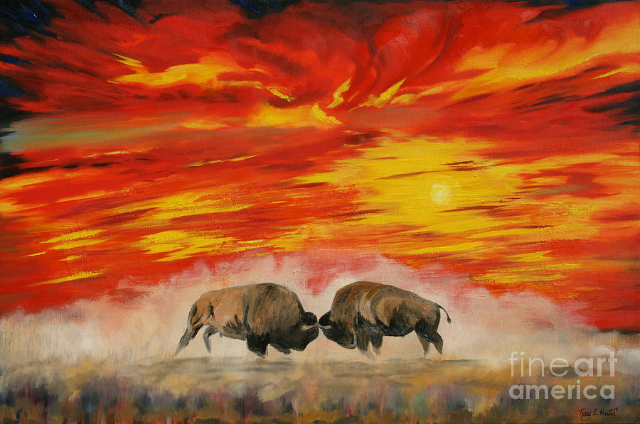 Bison Painting - Red Dawn by Terry  Hester