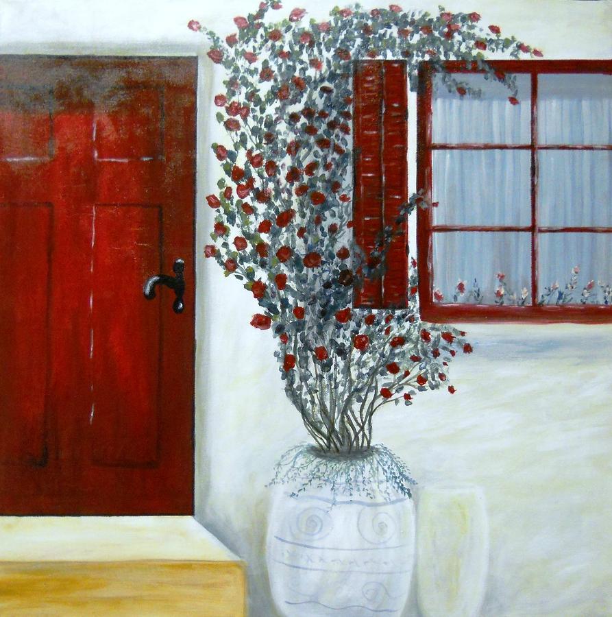 Red Door Rose Painting by Natascha de la Court