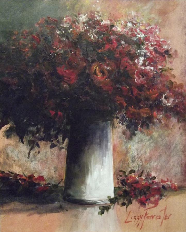 Red flowers in a tin vase Painting by Lizzy Forrester