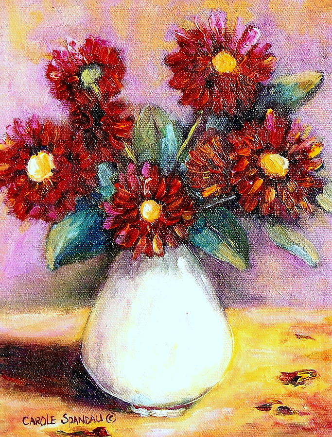 Red Flowers In A White Vase  Painting by Carole Spandau