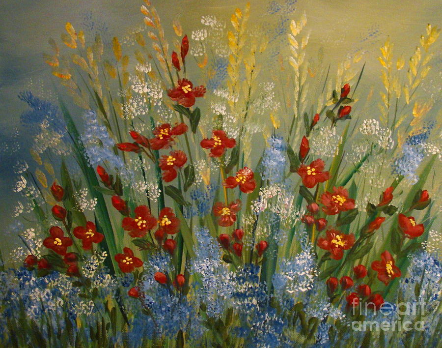 Red Flowers in the Garden Painting by Leea Baltes
