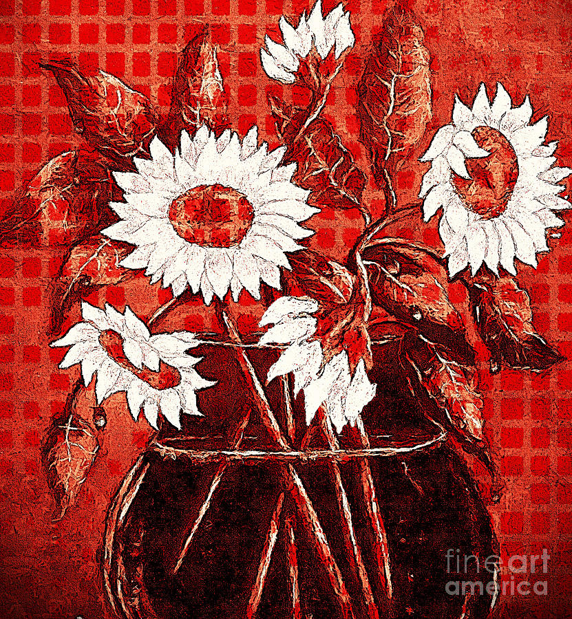 Red Gingham and Sunflowers Digital Art by Barbara A Griffin