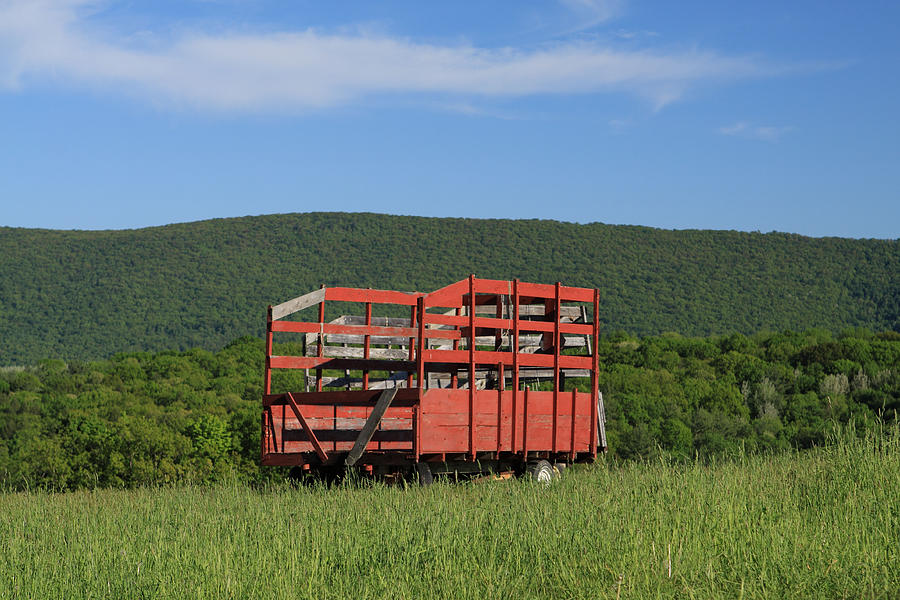 Red Hay Wagon In Green Mountain Field Photograph