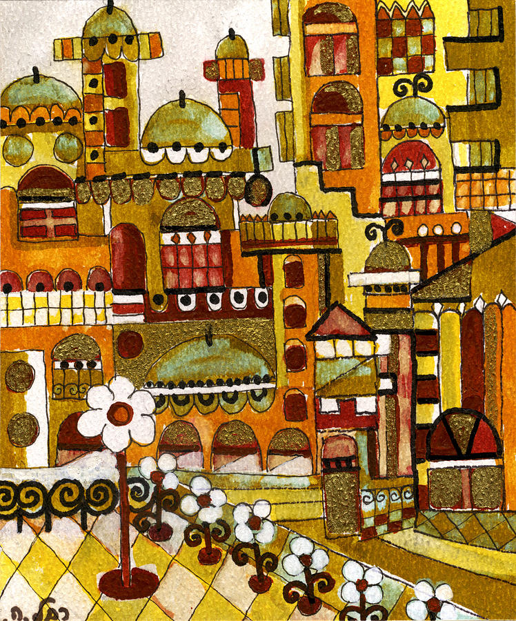 Red Kasba skyline landscape art of old town dome and minarett decorated with flower arch in orange Painting by Rachel Hershkovitz