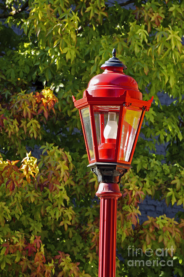 RED LAMP POST AND AUTUMN LEAVES Vancouver Chinatown  Photograph by John  Mitchell