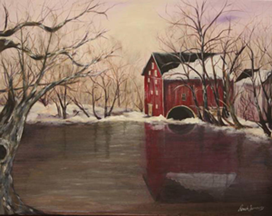 Winter Painting - Red Mill in Winter by Renee Summers