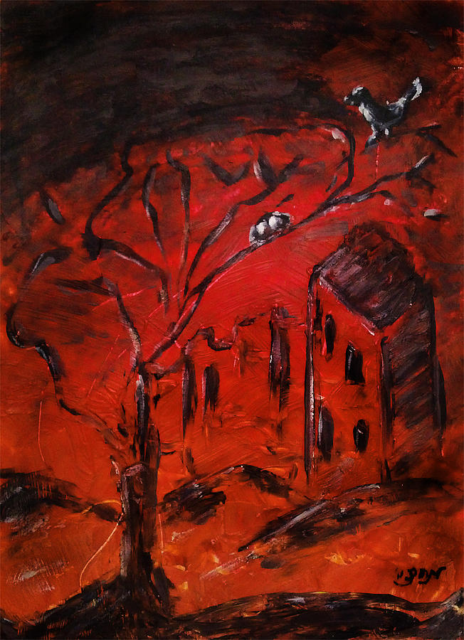 Red Orange Yellow Sunset with Bird Nest Castle and Tree Silhouette Painting by M Zimmerman