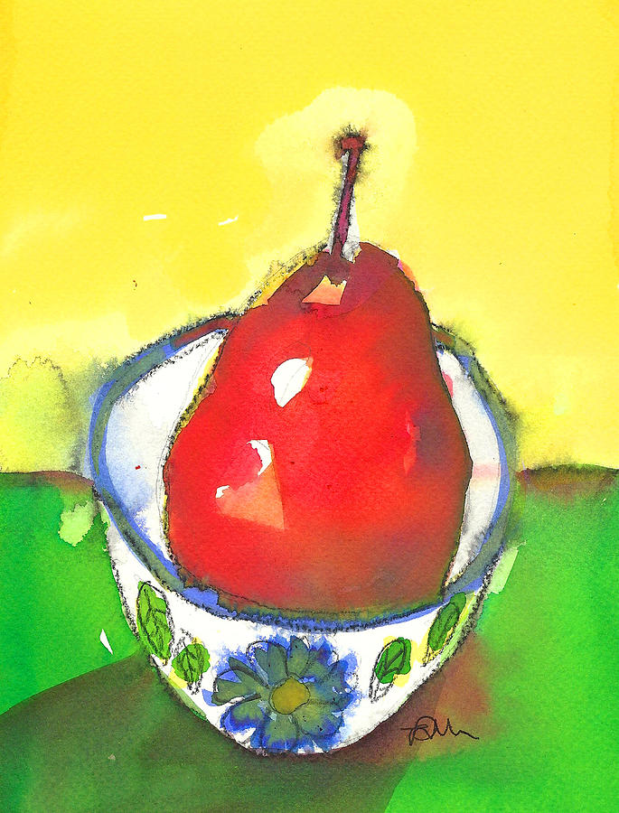 Red Pear in Blue Floral Bowl Painting by Tracy-Ann Marrison